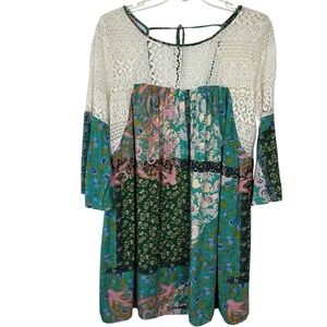 Umgee Floral Colorful Patchwork Print Lace Tunic Size L🔥
